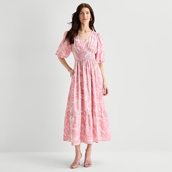 Melonie T Womens V Neck Short Sleeve Puffed Maxi Dress
