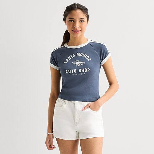 Arizona Womens Juniors Round Neck Short Sleeve Regular Fit Graphic T-Shirt, X-large, Blue