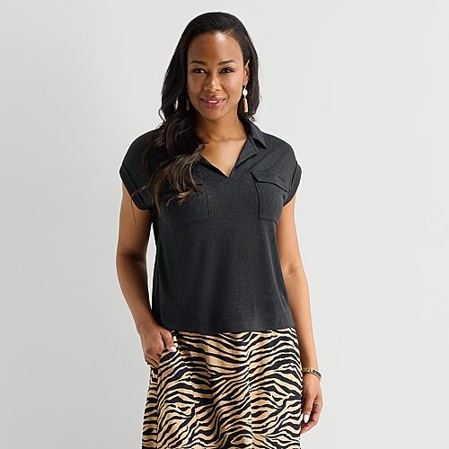 Liz Claiborne Womens V Neck Short Sleeve Blouse, Large, Black
