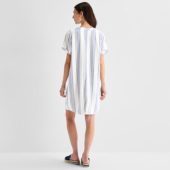 St. John's Bay Womens V Neck Short Sleeve Plaid Shift Dress