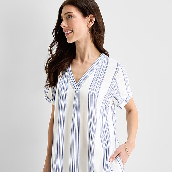 St. John's Bay Womens V Neck Short Sleeve Plaid Shift Dress