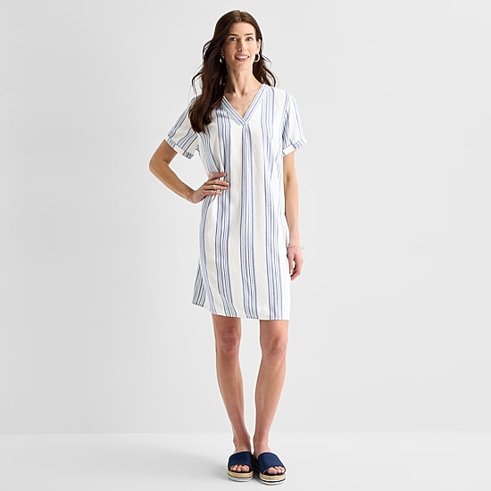 St. John's Bay Womens V Neck Short Sleeve Plaid Shift Dress