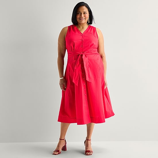 Liz Claiborne Womens Plus Midi V Neck Sleeveless A-Line Dress