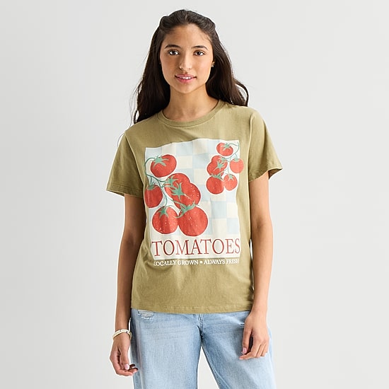 Grayson Threads, The Label Tomato Boyfriend Tee Womens Juniors Crew Neck Short Sleeve Regular Fit Graphic T-Shirt