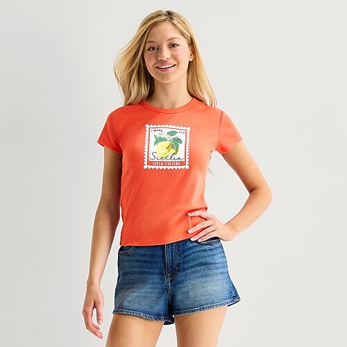 Arizona Womens Juniors Crew Neck Short Sleeve Regular Fit Graphic T-shirt In Orange