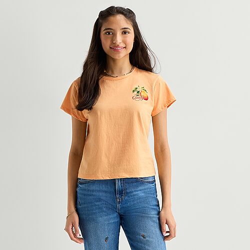 Arizona Womens Juniors Crew Neck Short Sleeve Classic Fit Graphic T-shirt In Orange
