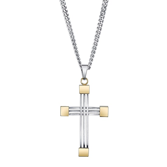 Mens Stainless Steel and Yellow IP Cross Pendant Necklace