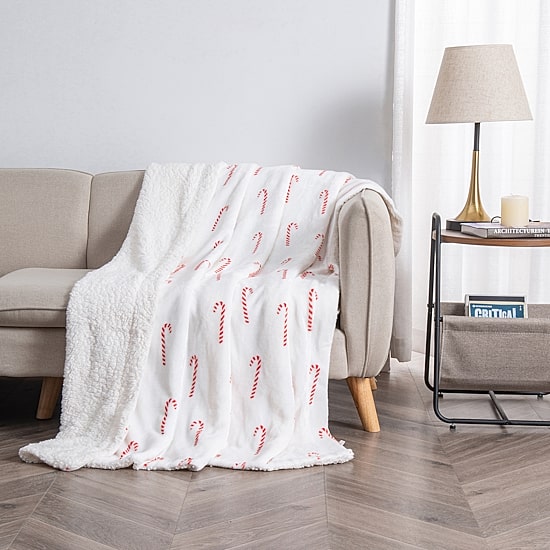 Linery Velvet Plush Sherpa Holiday Print Washable Reversible Midweight Throw