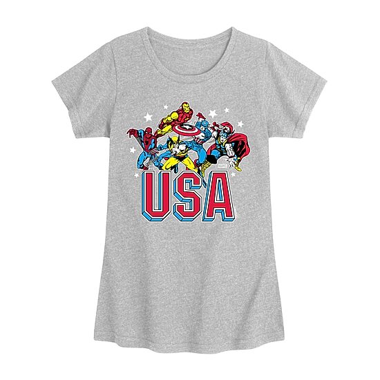 Disney Collection Little & Big Kid Girls Crew Neck Short Sleeve Regular Fit Captain America Iron Man Marvel Graphic T-Shirt