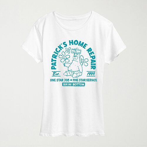 Novelty T-shirts Patricks Home Repair Womens Crew Neck Short Sleeve Classic Fit Spongebob Graphic T-shirt In White