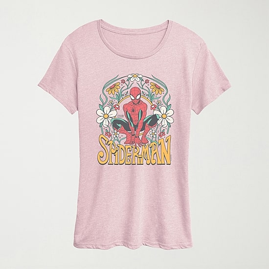 Spiderman Florals Womens Crew Neck Short Sleeve Classic Fit Spiderman Graphic T-Shirt