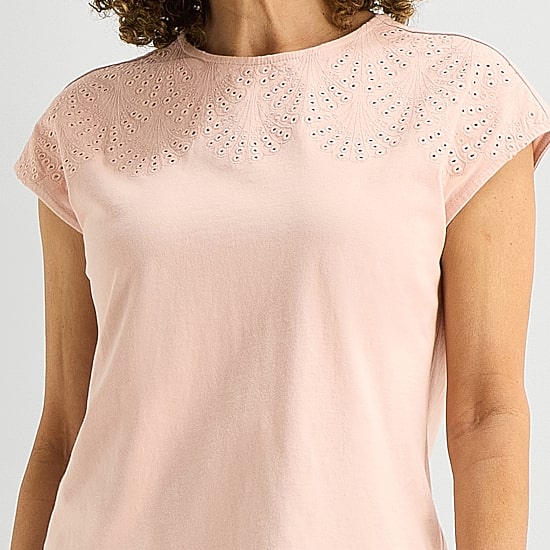 Liz Claiborne Womens Crew Neck Short Sleeve Embroidered Blouse