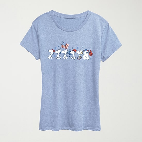 Snoopy Sibs Americana Womens Crew Neck Short Sleeve Classic Fit Snoopy Graphic T-Shirt