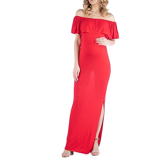 24/7 Comfort Apparel Off Shoulder Ruffle Detail Maxi Dress