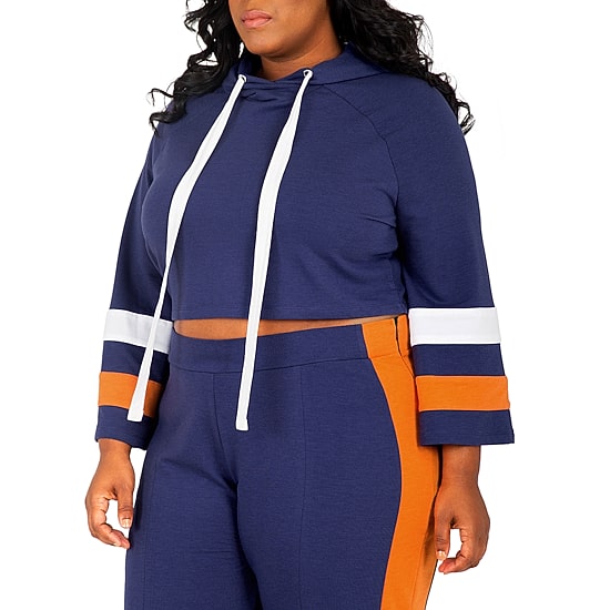 Poetic Justice Womens Plus Hooded Long Sleeve Crop Top