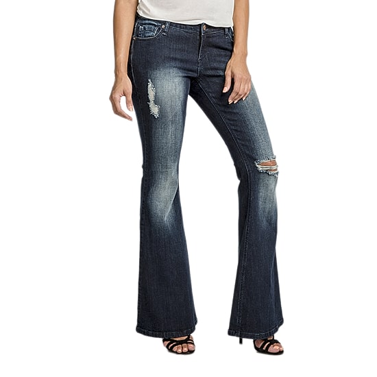 Poetic Justice Womens Mid Rise Ripped Stretch Fabric Curvy Fit Flare Leg Jean