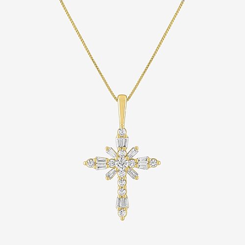 (G-H / Si2-I1) Womens 1/3 CT. T.W. Lab Grown White Diamond 10K Gold Cross 18 Inch Pendant Necklace, 18, Yellow