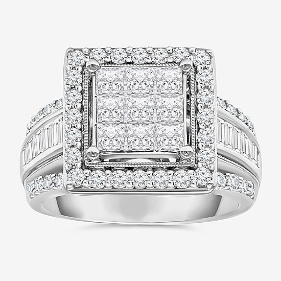 (I / I1) Womens 2 CT. T.W. Lab Grown White Diamond 10K Gold Side Stone Halo Engagement Ring