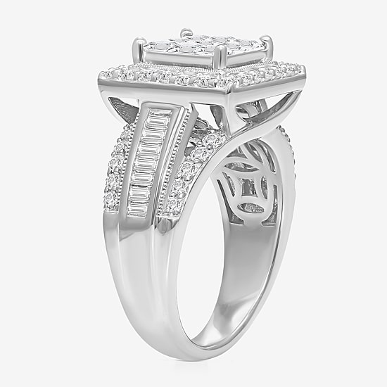 (I / I1) Womens 2 CT. T.W. Lab Grown White Diamond 10K Gold Side Stone Halo Engagement Ring