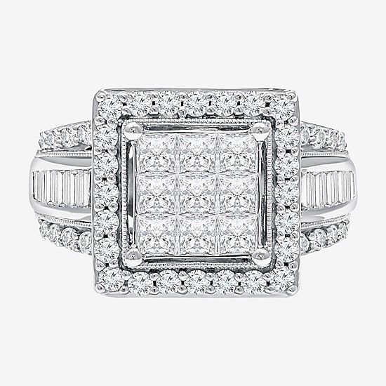 (I / I1) Womens 2 CT. T.W. Lab Grown White Diamond 10K Gold Side Stone Halo Engagement Ring