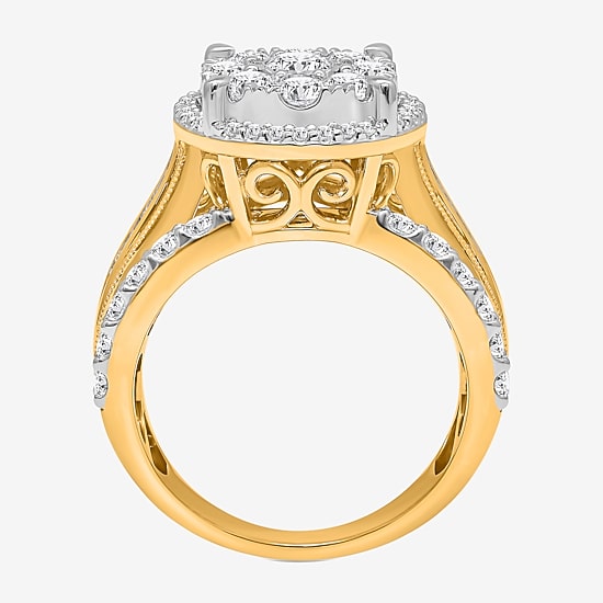 (I / I1) Womens 2 CT. T.W. Lab Grown White Diamond 10K Gold Round Side Stone Halo Engagement Ring