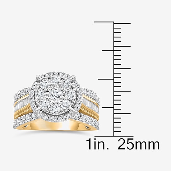 (I / I1) Womens 2 CT. T.W. Lab Grown White Diamond 10K Gold Round Side Stone Halo Engagement Ring