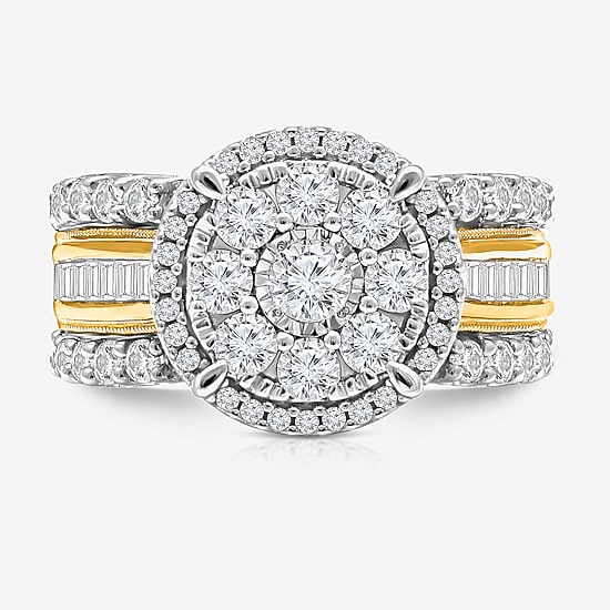 (I / I1) Womens 2 CT. T.W. Lab Grown White Diamond 10K Gold Round Side Stone Halo Engagement Ring