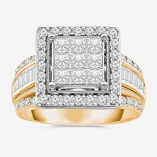 (I / I1) Womens 2 CT. T.W. Lab Grown White Diamond 10K Gold Side Stone Halo Engagement Ring