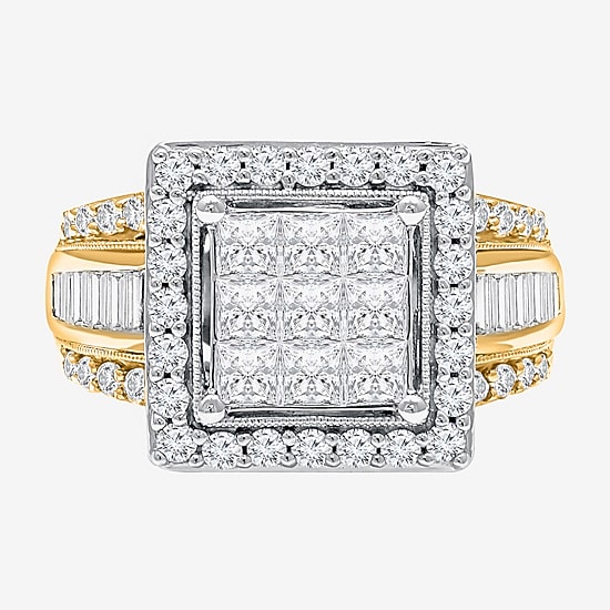 (I / I1) Womens 2 CT. T.W. Lab Grown White Diamond 10K Gold Side Stone Halo Engagement Ring
