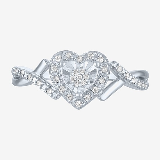 (G-H / Si2-I1) Womens 1/10 CT. T.W. Lab Grown White Diamond Sterling Silver Heart Side Stone Halo Promise Ring