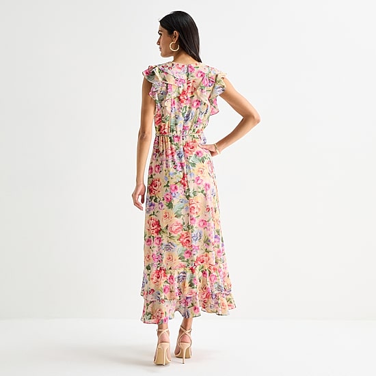 Melonie T Womens V Neck Sleeveless Ruffled Maxi Dress