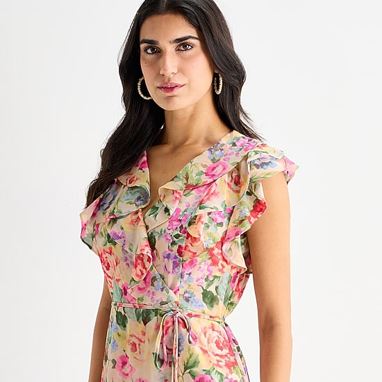 Melonie T Womens V Neck Sleeveless Ruffled Maxi Dress