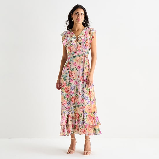 Melonie T Womens V Neck Sleeveless Ruffled Maxi Dress