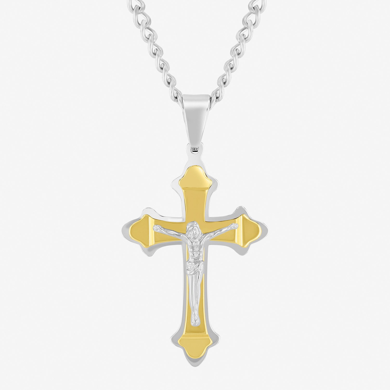 Religious Jewelry Crucifix Mens Stainless Steel Cross 24 Inch Pendant Necklace
