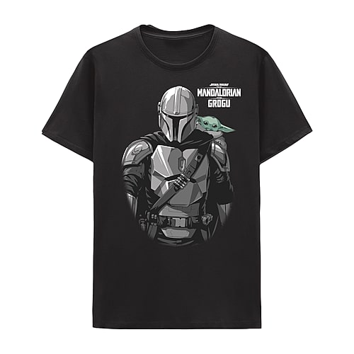 Mandalorian Little & Big Kid Boys Crew Neck Short Sleeve Regular Fit Star Wars Graphic T-Shirt, M (10-12) Husky, Black