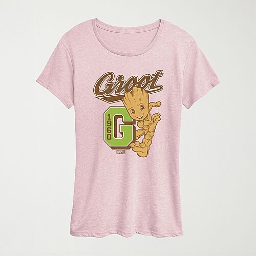 Novelty T-shirts Groot Collegiate Womens Crew Neck Short Sleeve Classic Fit Groot Graphic T-shirt In Pink