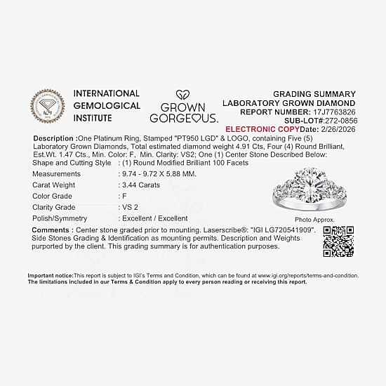 Grown Gorgeous (F, Vs2) Womens 4 7/8 Ct. T.W. Lab Grown White Diamond 14K Gold or Platinum Round Side Stone 5-Stone Engagement Ring