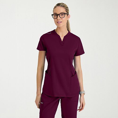 Grey's Anatomy by Barco Classic Grt303 Erin 4-Pocket Rib Knit Womens Short Sleeve Stretch Fabric Moisture Wicking Scrub Top, X-large, Red