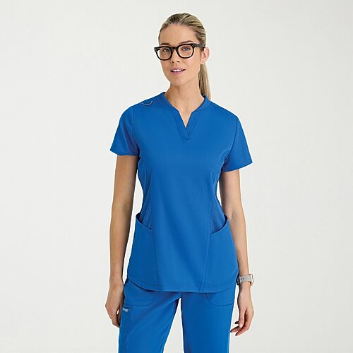 Grey's Anatomy by Barco Classic Grt303 Erin 4-Pocket Rib Knit Womens Short Sleeve Stretch Fabric Moisture Wicking Scrub Top, X-large, Blue