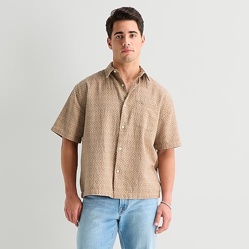 Arizona Mens Short Sleeve Regular Fit Button-Down Shirt, Medium, Brown