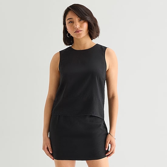 A.N.A Linen Womens Round Neck Sleeveless Blouse