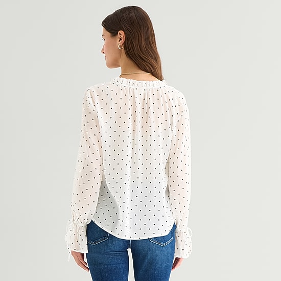 A.N.A Sheer Womens Split Tie Neck Long Sleeve Blouse