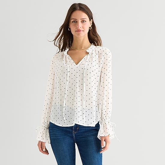 A.N.A Sheer Womens Split Tie Neck Long Sleeve Blouse