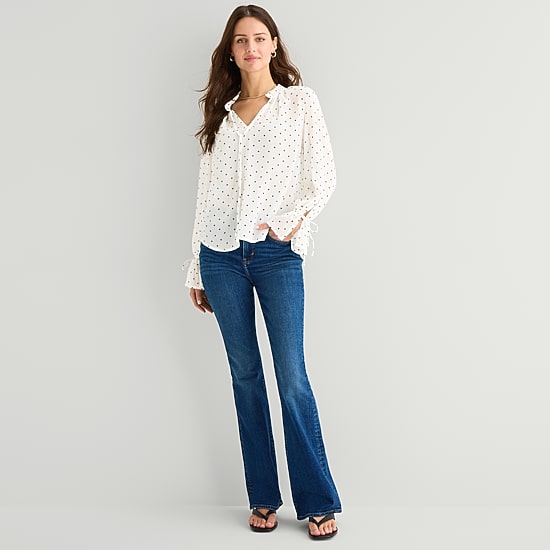 A.N.A Sheer Womens Split Tie Neck Long Sleeve Blouse