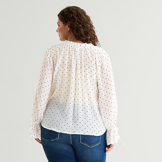 A.N.A Sheer Womens Plus Split Tie Neck Long Sleeve Blouse