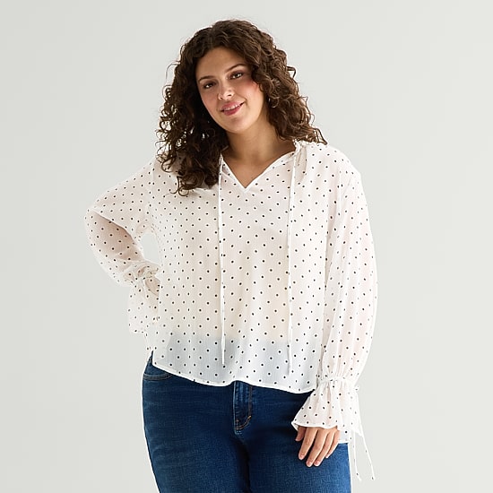 A.N.A Sheer Womens Plus Split Tie Neck Long Sleeve Blouse