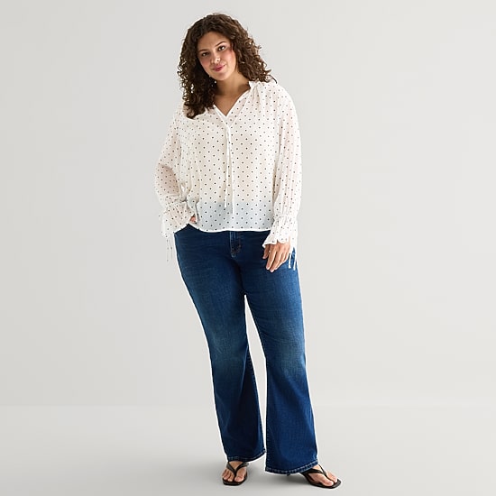 A.N.A Sheer Womens Plus Split Tie Neck Long Sleeve Blouse