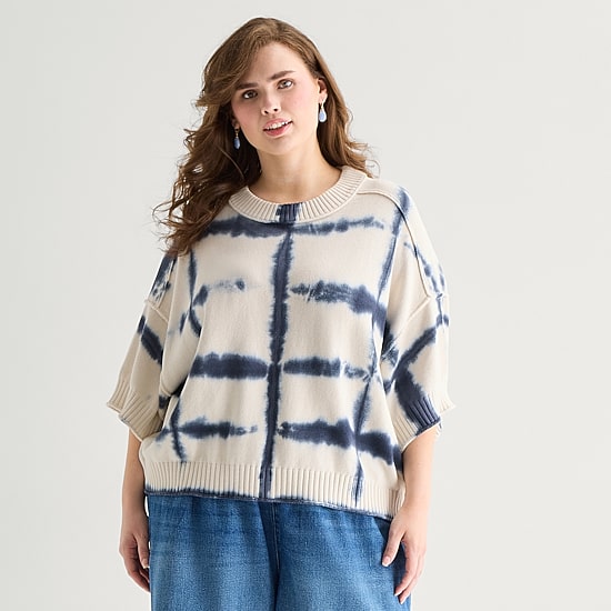 a.n.a Plus Womens Crew Neck Short Sleeve Tie Dye Pullover Sweater