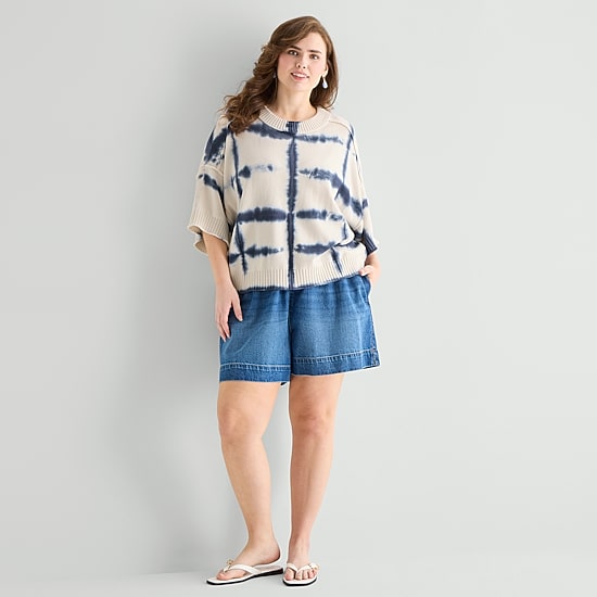 a.n.a Plus Womens Crew Neck Short Sleeve Tie Dye Pullover Sweater