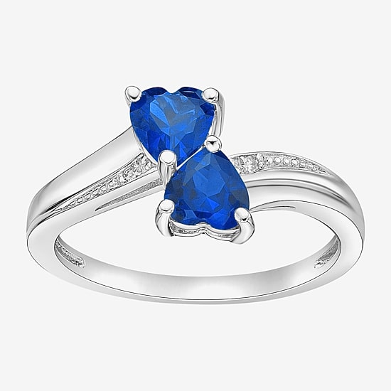 Womens Diamond Accent Lab Created Blue Sapphire Sterling Silver Side Stone Cocktail Ring